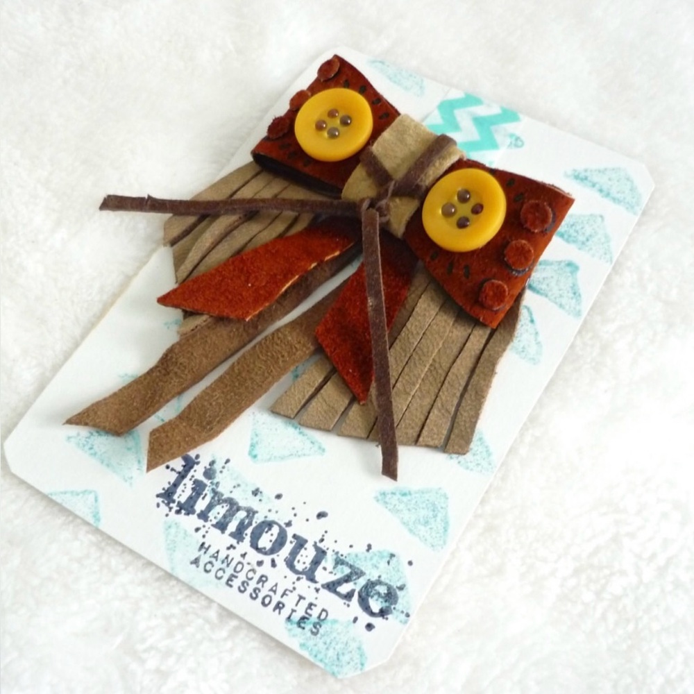 Leather Bow + Abstract Owl Fringe Brooch - Buttons & Suede -Handmade by Limouze